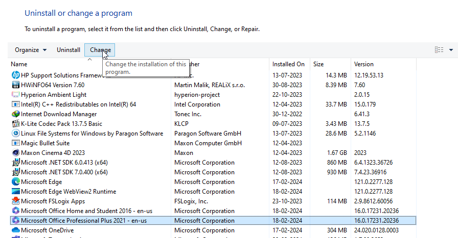 Find Microsoft Office (or Outlook) in the list, select it, and click Change.